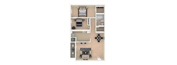 A floor plan of a small apartment with a bedroom, living room, kitchen, and bathroom.
