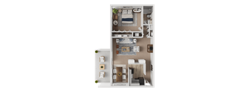 A top-down view of a small apartment with a kitchen, living room, and bathroom.