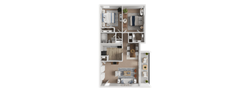 A 3D rendered image of a small apartment layout.