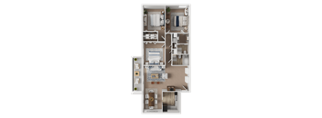 A detailed 3D floor plan of a house layout.