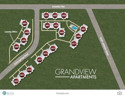 illustrated site map of Grandview apartments in Falls Church VA showing the locations of apartment buildings, the pool area and leasing office, as well as surrounding roads