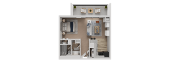 A 3D rendered image of a small apartment layout.