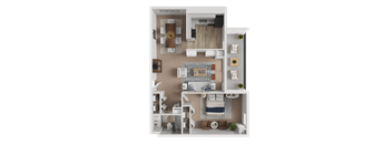 A 3D floor plan of a house with a living room, kitchen, and two bedrooms.