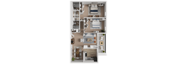 A top-down view of a house layout with a kitchen, living room, and bedrooms.