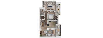 A detailed 3D floor plan of a two-story apartment.
