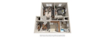 3D floor plan with one bedroom layout at Highland Ridge Apartments, Maryland, 20743
