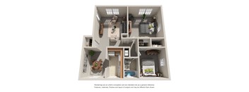 3D floor plan of two bedroom apartment layout at Highland Ridge Apartments, Capitol Heights, MD 20743