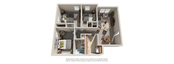 3D floor plan with three bedrooms at Highland Ridge Apartments, Capitol Heights, MD