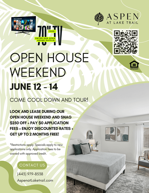 A poster advertises a 70% off discount for an open house weekend at Aspen at Lake Trail.