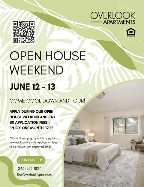 A poster advertising an open house weekend at Overlook Apartments.