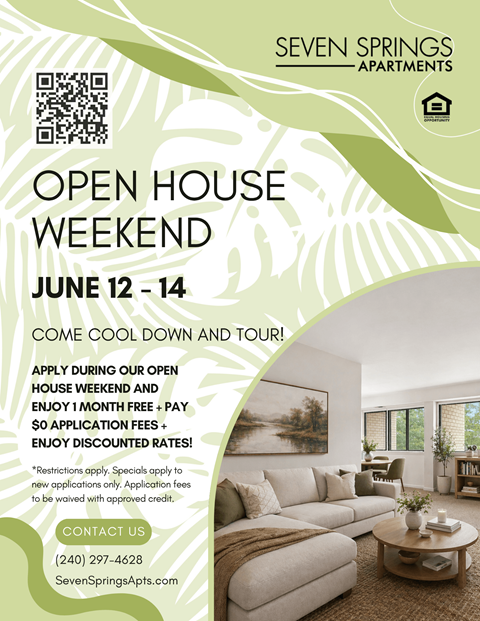 A poster advertises an open house weekend at Seven Springs Apartments, offering a free month and discounted rates.