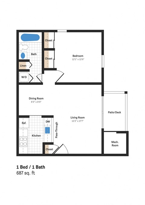 1 bedroom floor plan at BellaVista Apartments in Woodbridge, VA