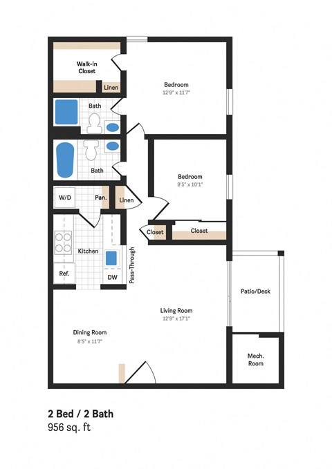 2 bedroom floor plan at BellaVista Apartments in Woodbridge, VA