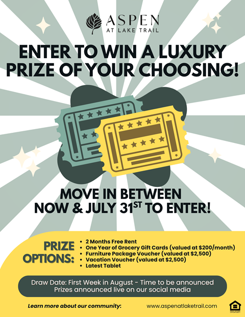 A poster advertising a contest to win a luxury prize at Aspen Lake Trail, with a deadline to enter by July 31st.