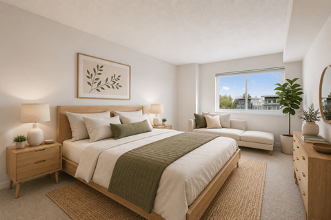 A bedroom with a large bed and a window overlooking a building.