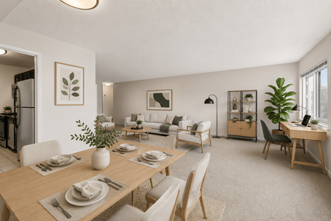 A dining room with a table set for a meal.