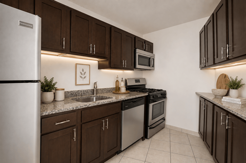 A kitchen with brown cabinets and a white refrigerator.