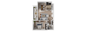 A 3D model of a house layout with a kitchen, living room, and bathroom.