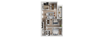 A 3D floor plan of a house with a living room, kitchen, and two bedrooms.