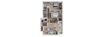 A detailed 3D floor plan of a house showing the layout of the rooms.