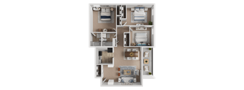 A 3D floor plan of a house with multiple rooms and furniture.