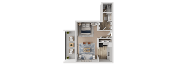 A 3D model of a house with a kitchen, living room, and bathroom.