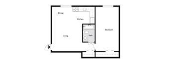 A floor plan of a small apartment with a kitchen, bathroom, and bedroom.