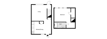 A black and white image of a floor plan for a home with a living room, kitchen/dining area, and bedroom.