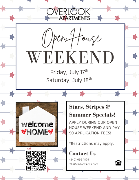 A poster advertises an Open House Weekend for Overlook Apartments, featuring special summer specials and a QR code for more information.