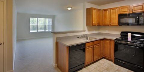 A kitchen with black appliances and wooden cabinets.