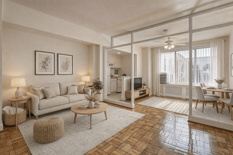 A living room with a white sofa, a coffee table, and a dining table.