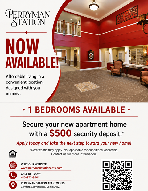 A red and white advertisement for Perryman Station apartments.