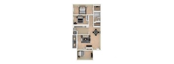 A floor plan of a house with a kitchen, living room, and two bedrooms.