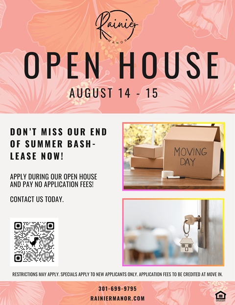 A flyer advertises an open house at Rainier, with the dates August 14-15, and encourages people to apply and pay no application fees.