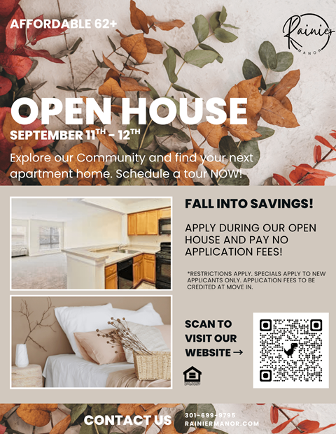A flyer for an open house event at Rainier Apartments, offering savings and no application fees for new residents.