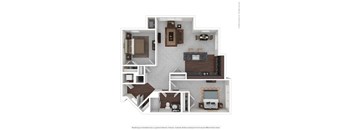 A 3D floor plan of a house with a living room, kitchen, and two bedrooms.