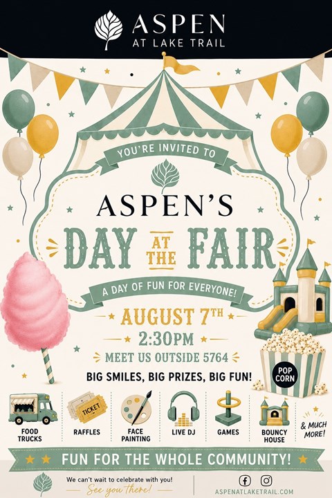 A poster advertises Aspen's Day at the Fair, a community event on August 7th from 2:30 PM.