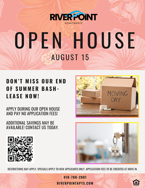 A flyer for Riverpoint Apartments advertising an open house on August 15.