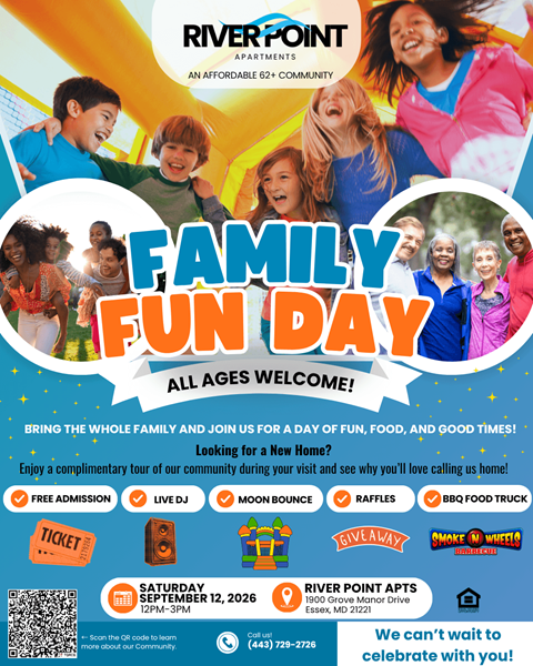 A poster advertises a Family Fun Day at River Point Apartments, featuring free admission, live DJ, moon bounce, and BBQ food truck.