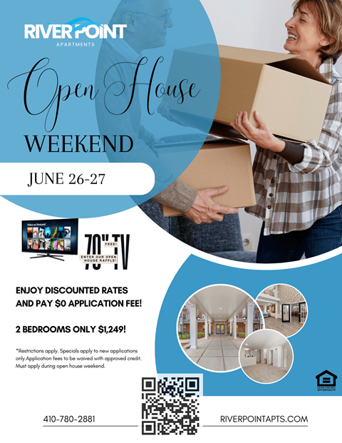 A flyer for an open house weekend at River Point Apartments.