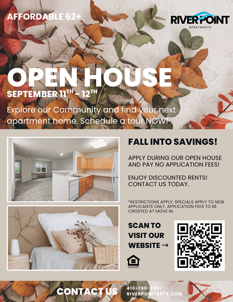 A flyer for an open house event at Riverpoint Apartments.