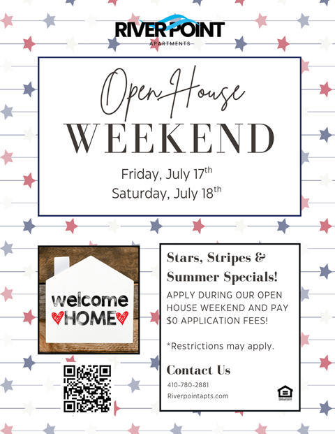 A flyer for an Open House Weekend event at Riverpoint Apartments, featuring a QR code and contact information.