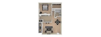 A top-down view of a small apartment with a bedroom, living room, and kitchen.