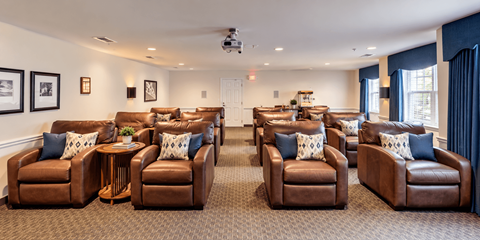 A room with brown leather chairs and pillows.