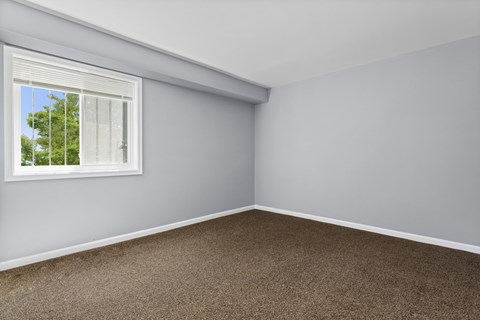 an empty room with a window and a carpet