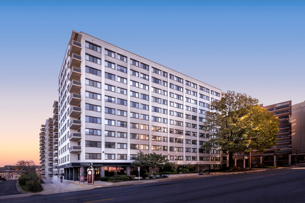 exterior view of building at Colesville Towers Apartments, Silver Spring, MD