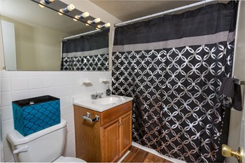 bathroom at Oaks at Park South with brown wood flooring and vanity and mirror with lighting above - Photo Gallery 5