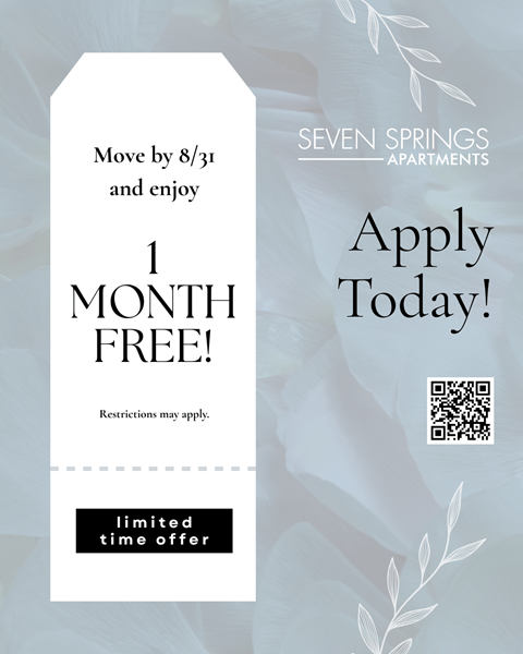 A promotional image for Seven Springs Apartments offering a free month trial.