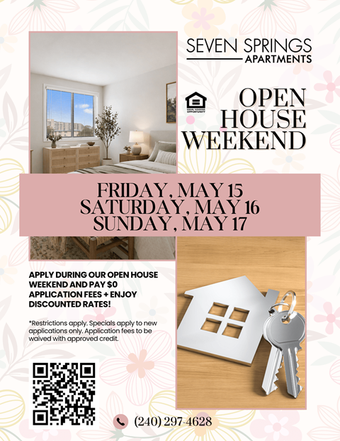 A flyer for an open house weekend at Seven Springs Apartments.