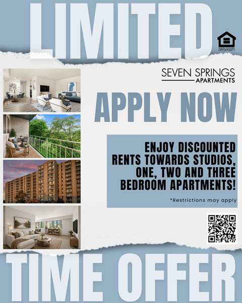 A flyer for Seven Springs Apartments advertising limited time offer on discounted rentals.